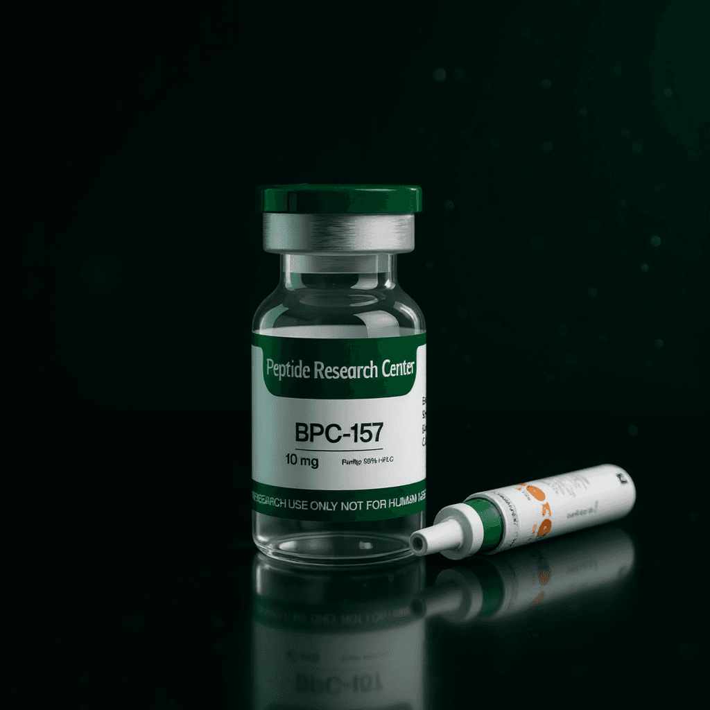 Research-grade peptide vial and auto-injector pen on a dark studio surface